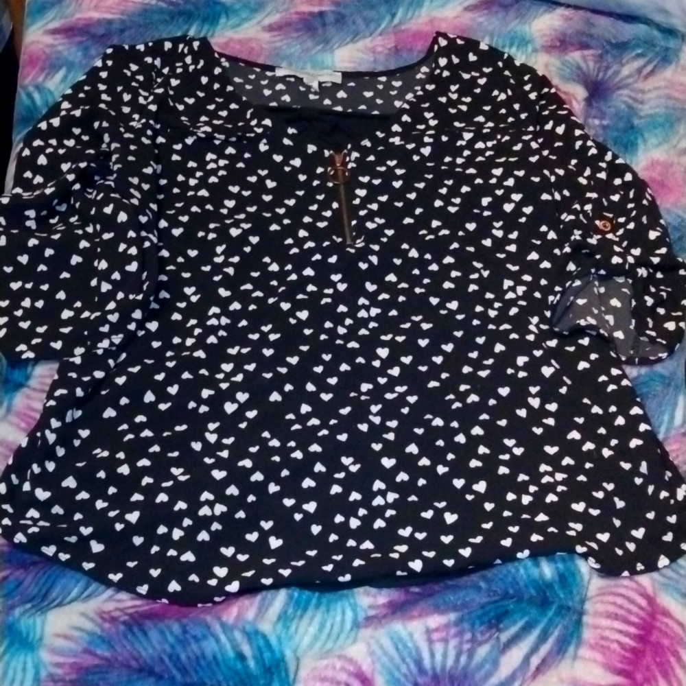 Women's plus size Black dress shirt with white hearts
